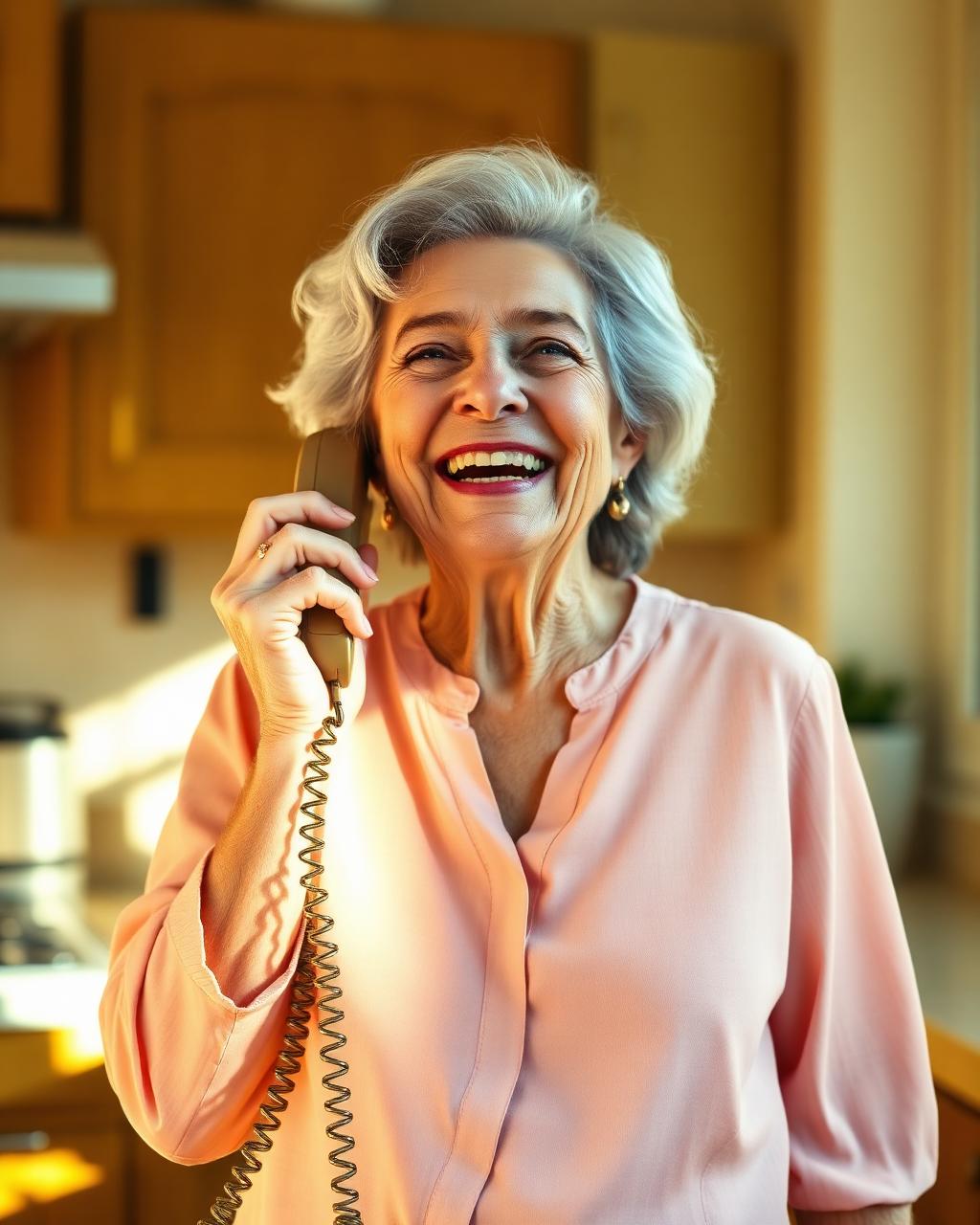 A happy grandmother laughing while talking on the phone