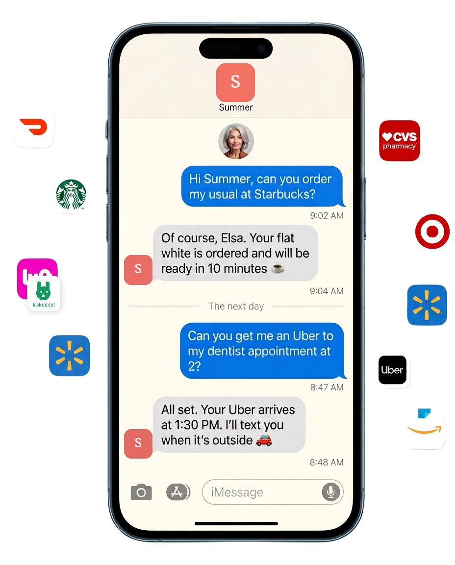 A friendly text conversation where Elsa asks Summer to order her usual Starbucks and Summer replies that the flat white is already ordered, then the next day Elsa asks for a ride to the dentist and Summer confirms Uber is on the way